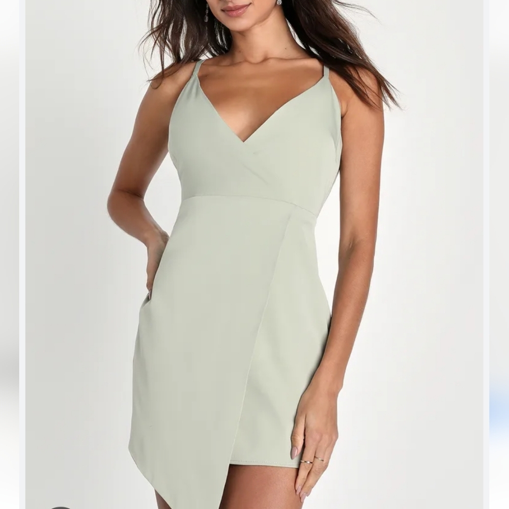 Lulu's Sage Green Asymmetrical Wrap Mini Dress. Gorgeous! Med